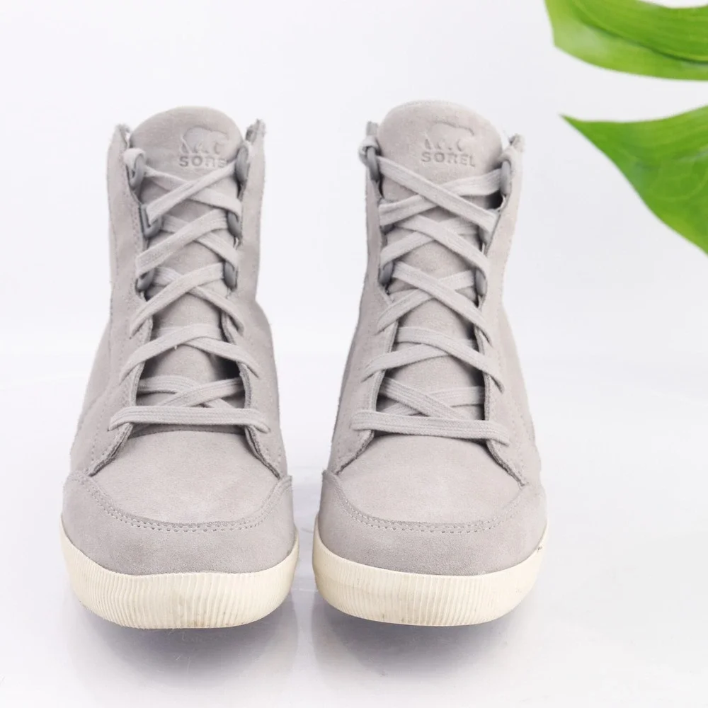 Sorel Womens Out N About Boots Size 8.5 Waterproof Gray Suede Wedge Heel Lace Up